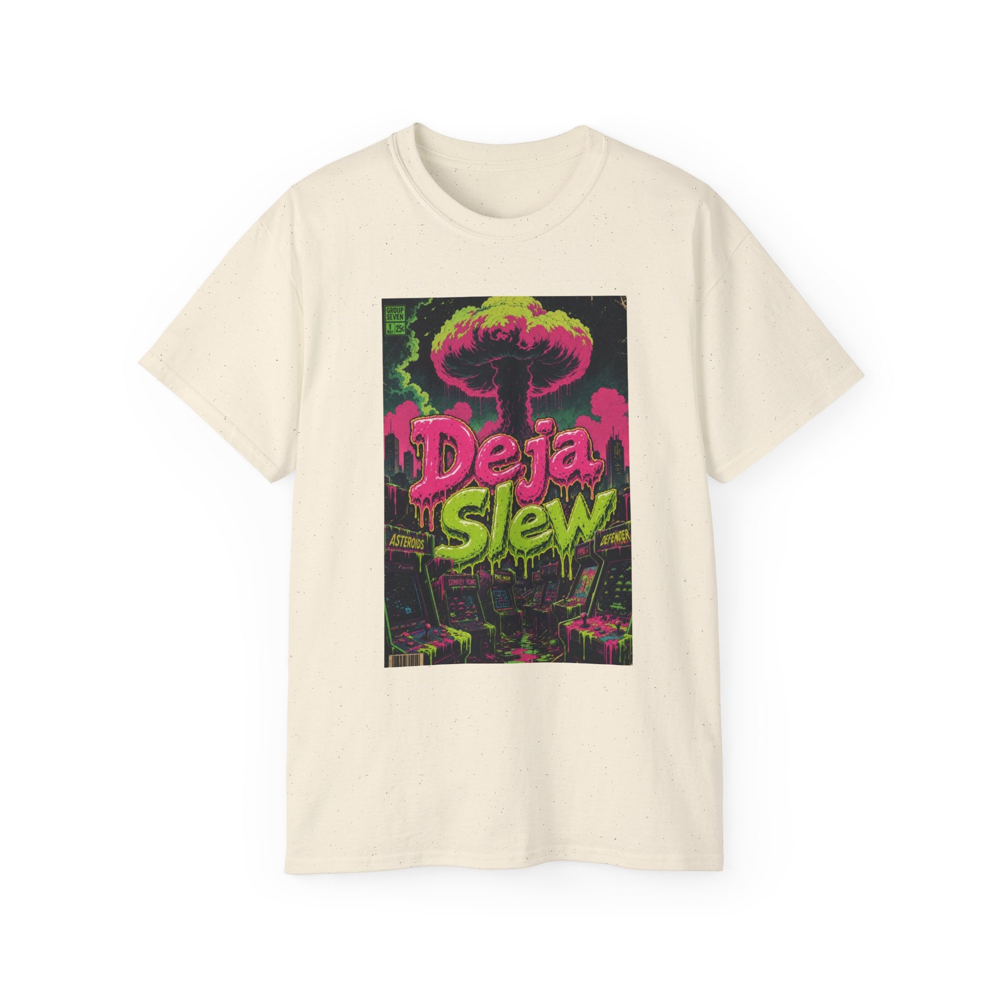 Retro Arcade Mushroom Cloud Tee — Comic-Style Nuclear Explosion Graphic