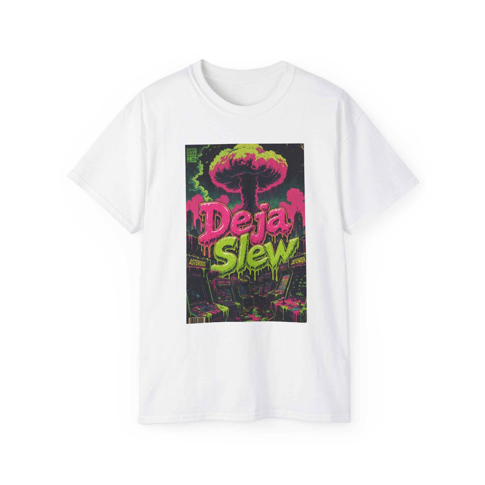 Retro Arcade Mushroom Cloud Tee — Comic-Style Nuclear Explosion Graphic