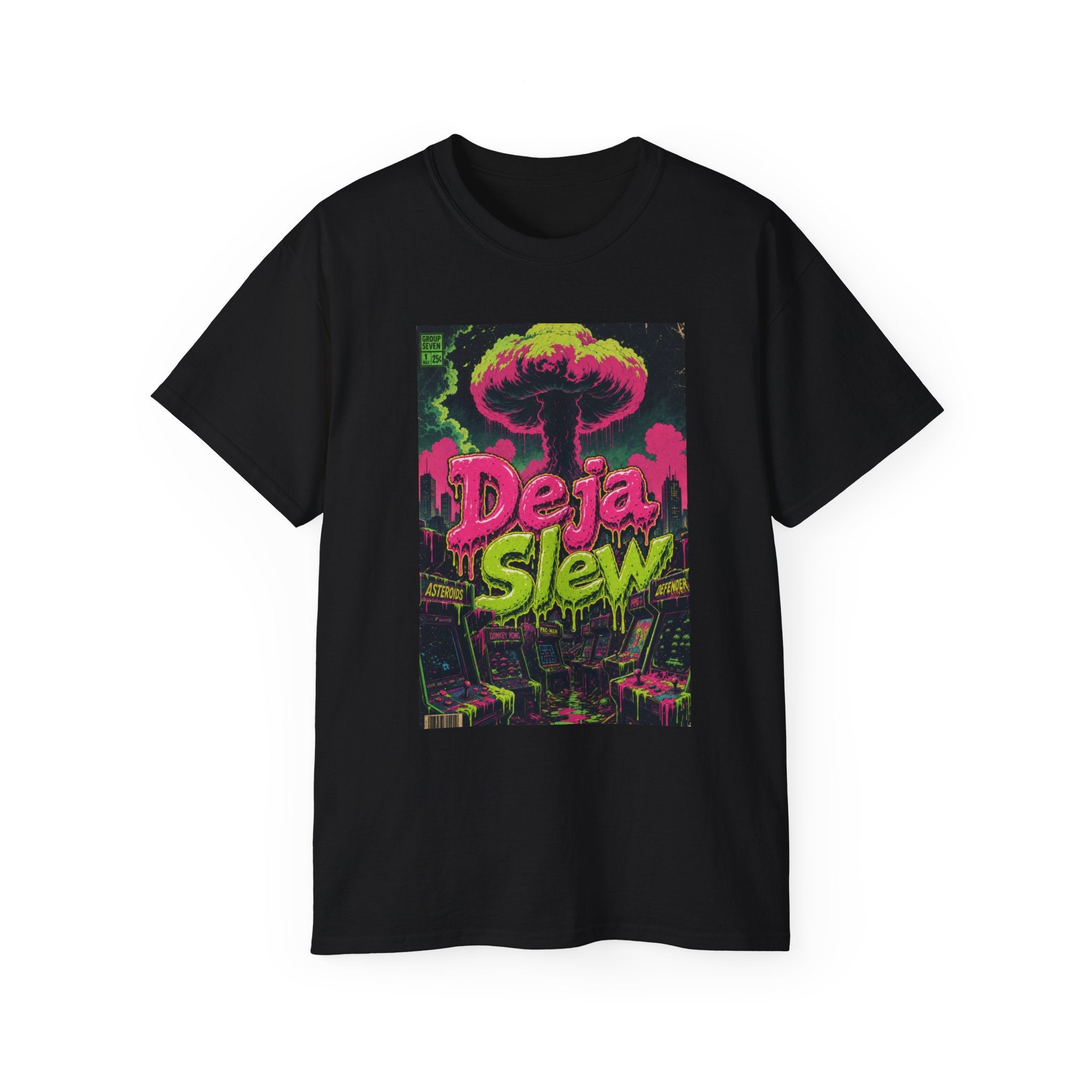 Retro Arcade Mushroom Cloud Tee — Comic-Style Nuclear Explosion Graphic