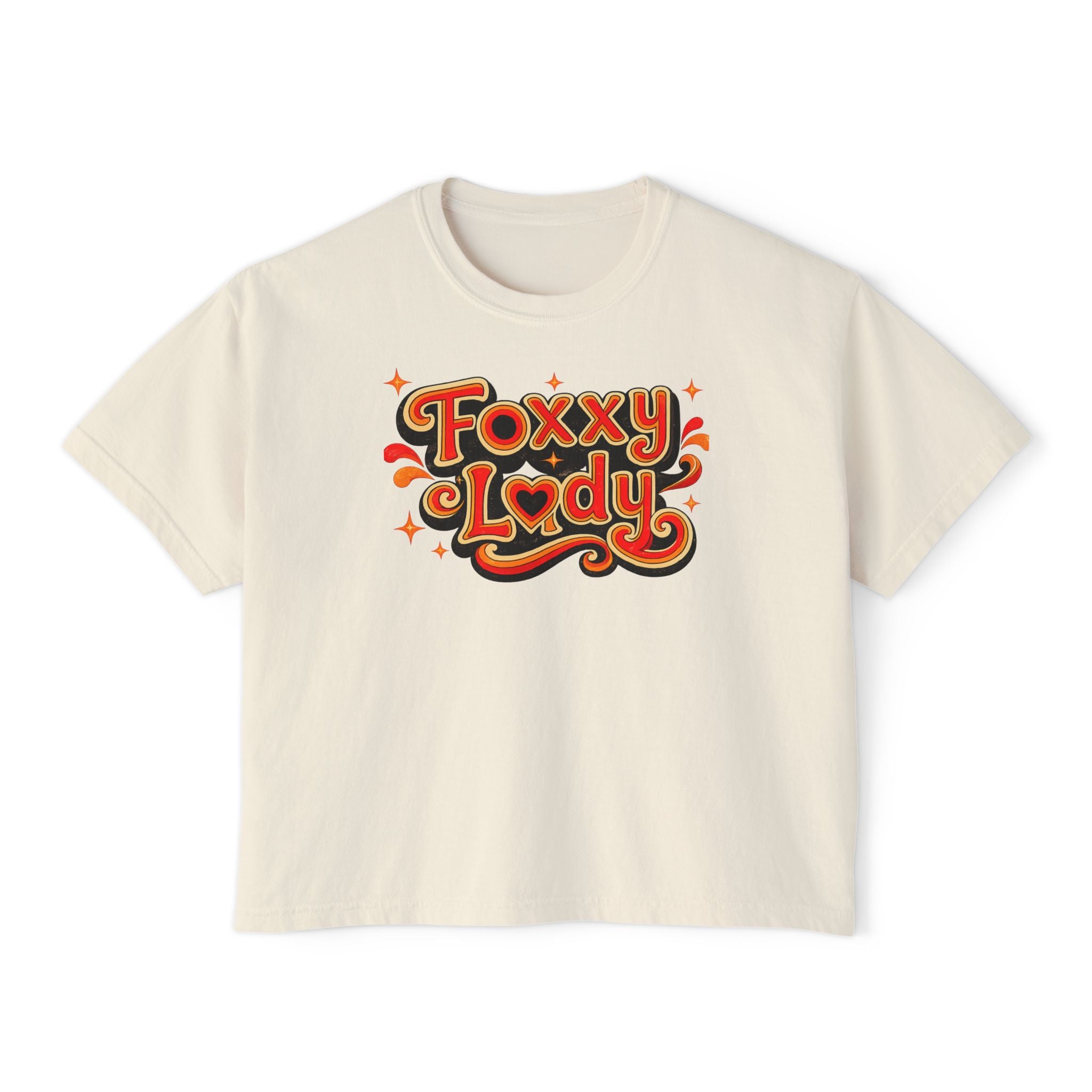 Foxy Lady Boxy Tee — Retro 70s Graphic Women’s Crop T-Shirt