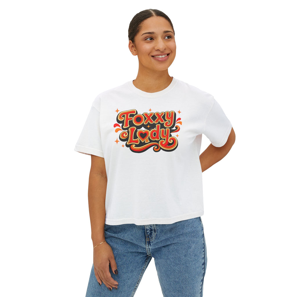 Foxy Lady Boxy Tee — Retro 70s Graphic Women’s Crop T-Shirt