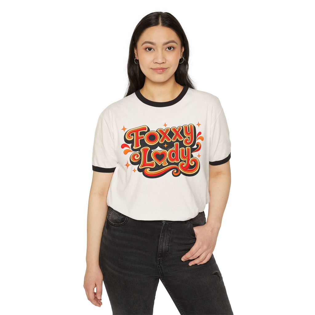 Foxy Lady Ringer Tee | Retro 70s Script Graphic T-Shirt