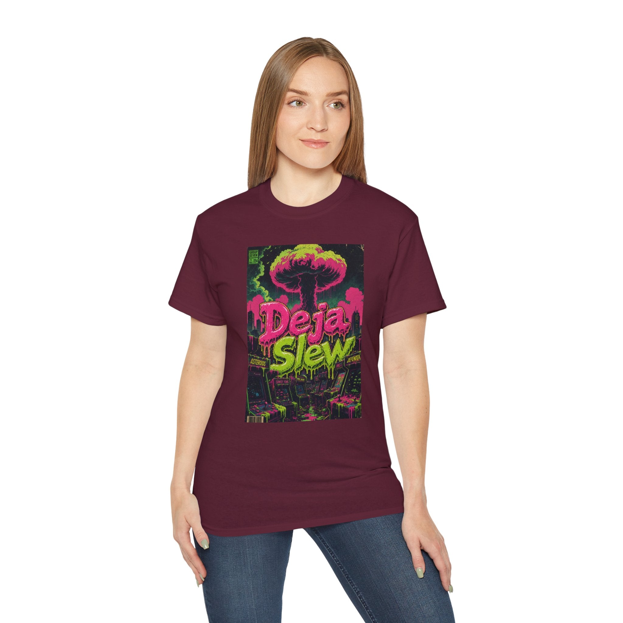 Retro Arcade Mushroom Cloud Tee — Comic-Style Nuclear Explosion Graphic