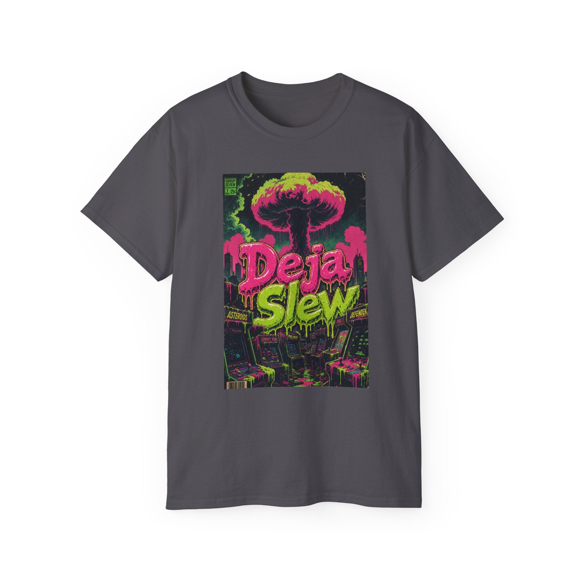 Retro Arcade Mushroom Cloud Tee — Comic-Style Nuclear Explosion Graphic